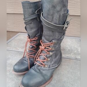 Freebird by Steven Black Leather Lace-Up Heeled Boots with Brown Laces